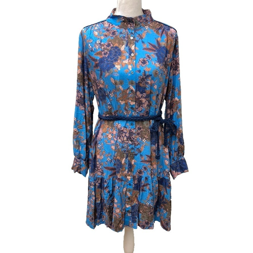 Xirena Anastasia Floral Dress Womens Large Blue Belted Romantic Boho‎ Career